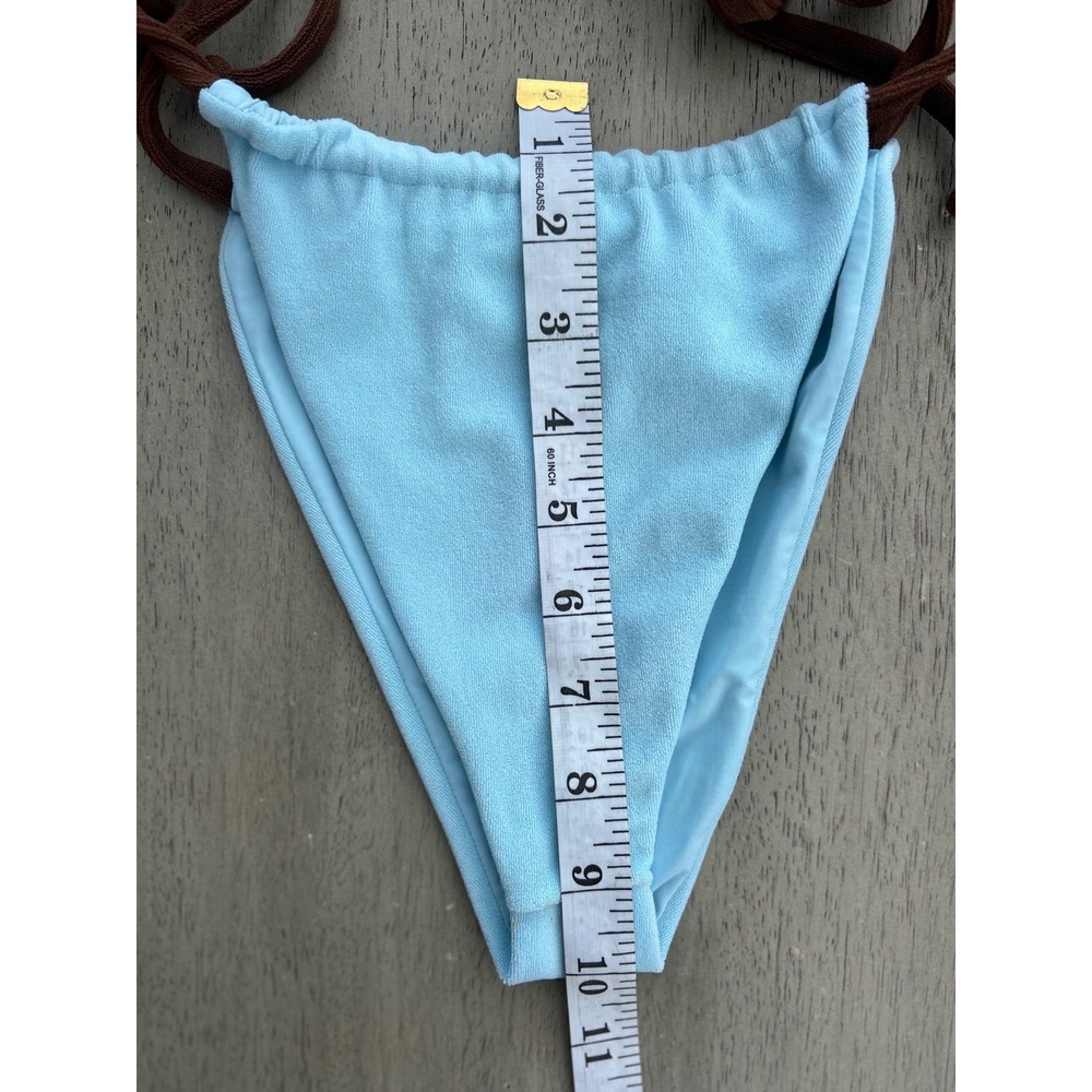 Frankies Bikinis Blue Terry Cloth Two Piece Set Brown Trim Top M Bottom L - Picture 4 of 6